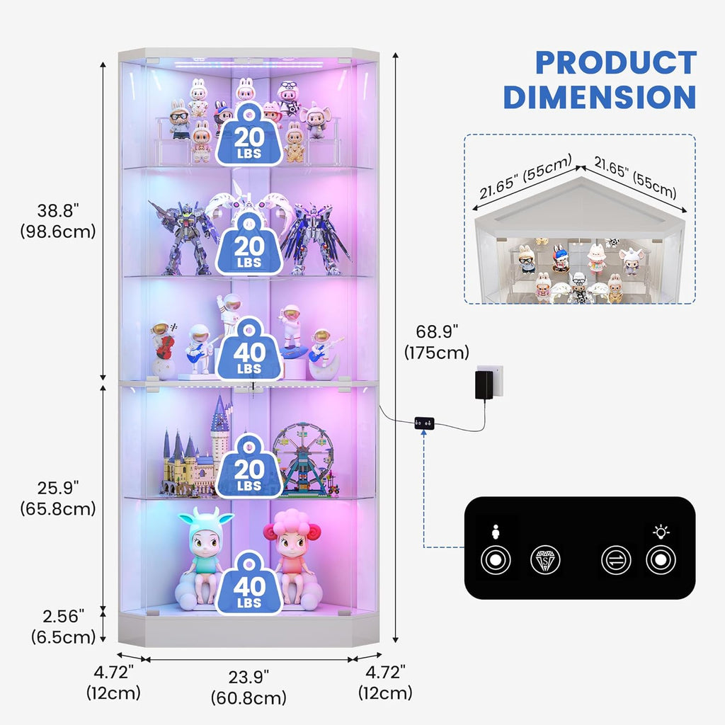 5-Tiers Corner Display Cabinet with RGB Light for Collectibles,White | 69" Tall Curio Cabinet Display Case with Lock