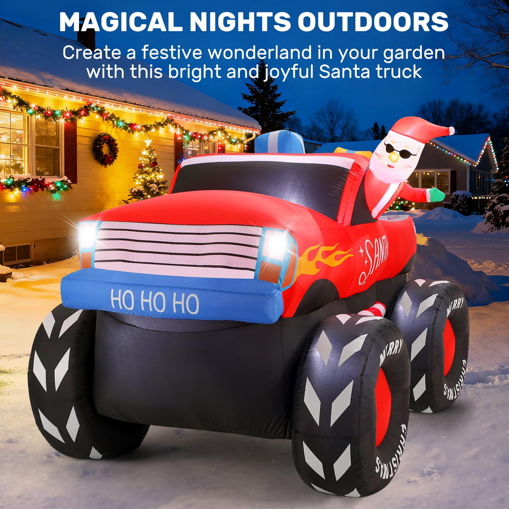 7 FT Long Santa in Monster Truck Christmas Inflatables Outdoor Decorations, Christmas Blow Up Santa Claus Yard
