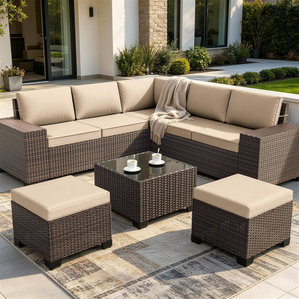2 Pieces Wicker Ottomans, All Weather Rattan Patio Ottoman with Removable Cushion, Outdoor Footstools, Additional