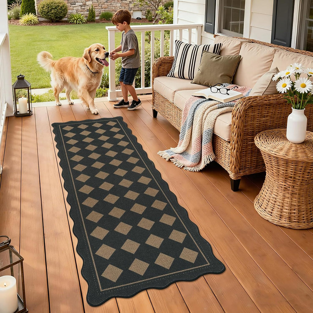 Checkered Hallway Runner Rug 2x6, Non Slip Washable Mat, Black