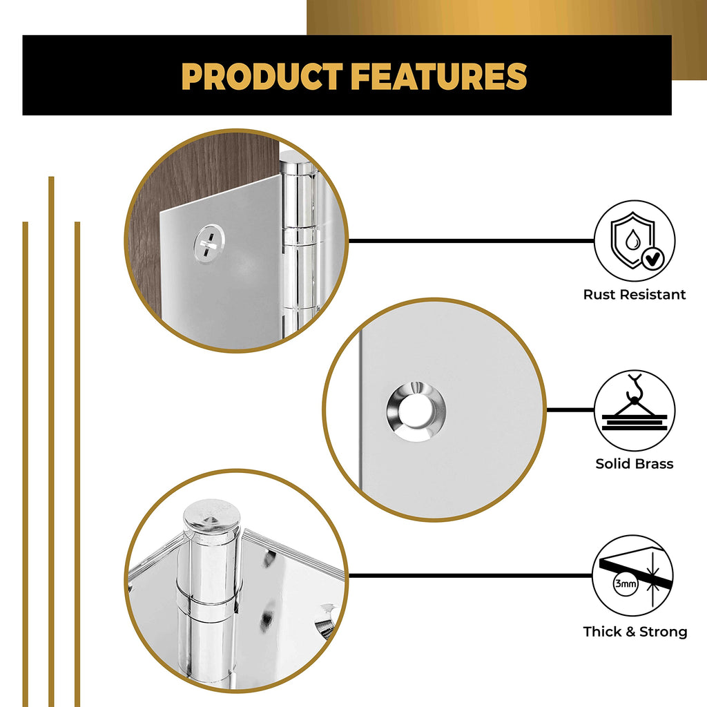 Solid Brass Chrome Door Hinge Heavy Duty Ball Bearing Shiny Silver 4x4 Inch with Decorative Screw-on Tips Included