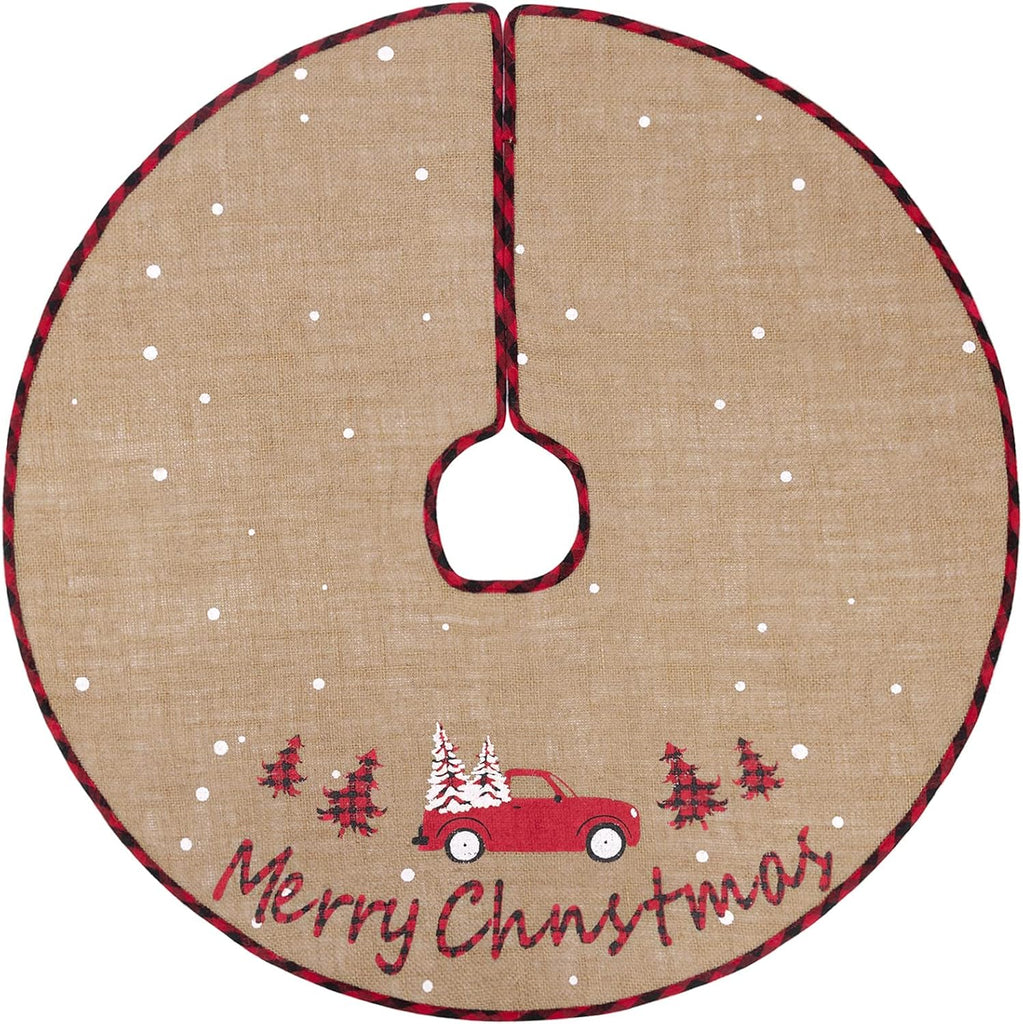 Christmas Tree Skirt, 30 Inch Rustic Burlap Tree Skirt with Red Truck and Letter Printed Christmas Tree Mat for Xmas