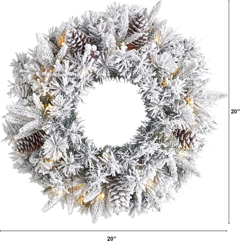 20in. Flocked Artificial Christmas Wreath with 35 Warm White LED Lights