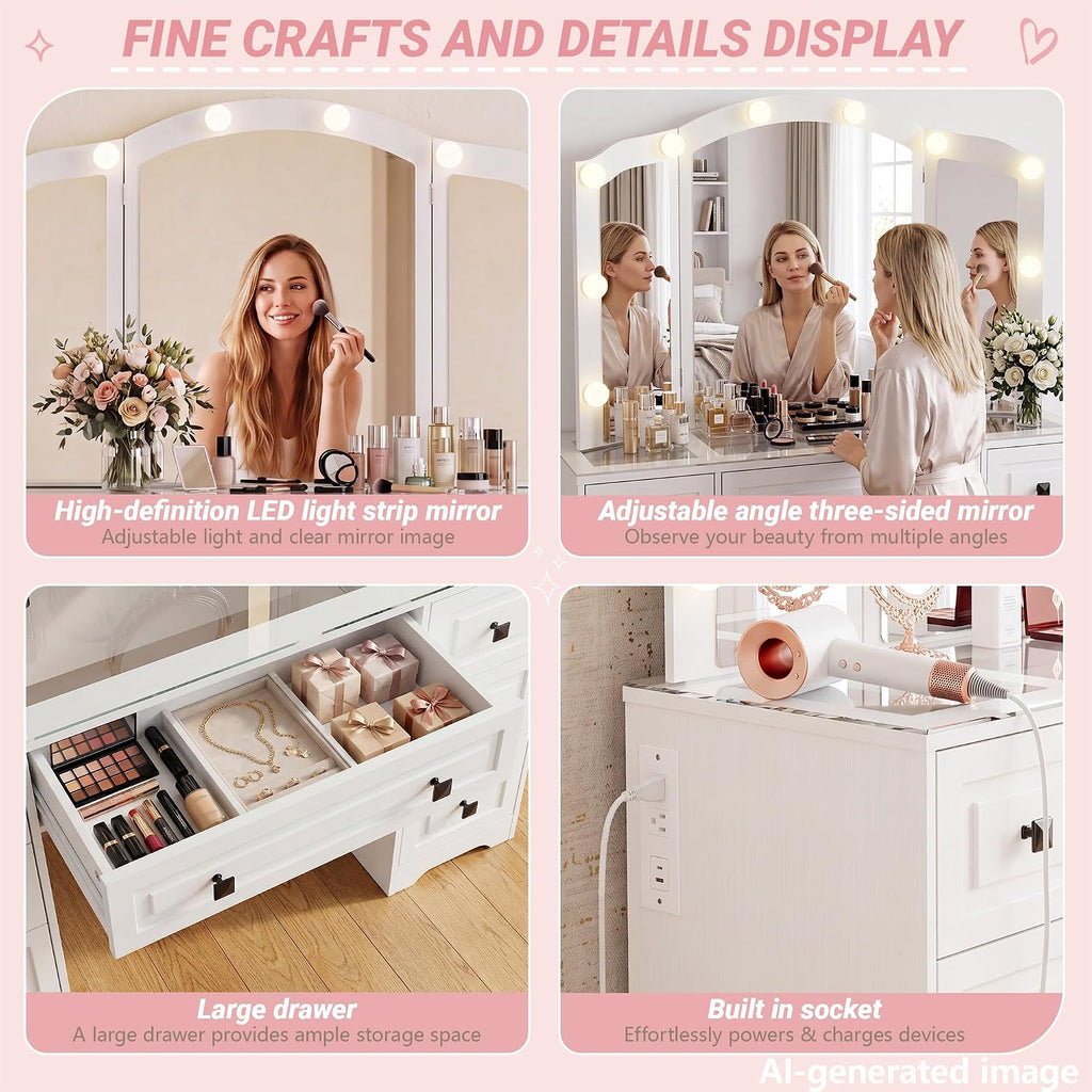 Vintage Vanity, White Vanity with Lighted Mirror & Third-Fold Mirror, Retro 5-Drawer Dressing Table with Glass Top