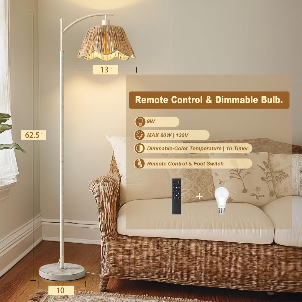 Rattan Floor Lamp with 3 Color Temperatures, Boho Floor Lamp with Remote & Dimmable Bulb, Farmhouse Standing Lamp for