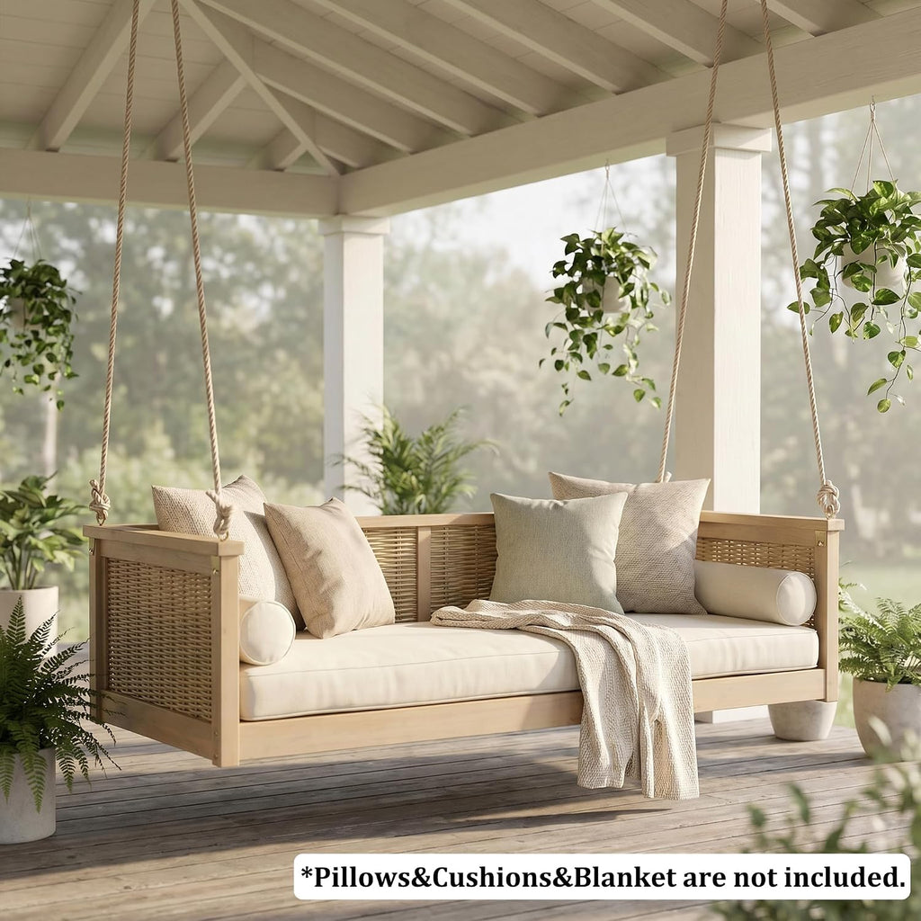 Twin Size Rattan Outdoor Swing Bed with Hanging Ropes, 350lb Capacity Porch Swing for Backyard, Poolside, Patio
