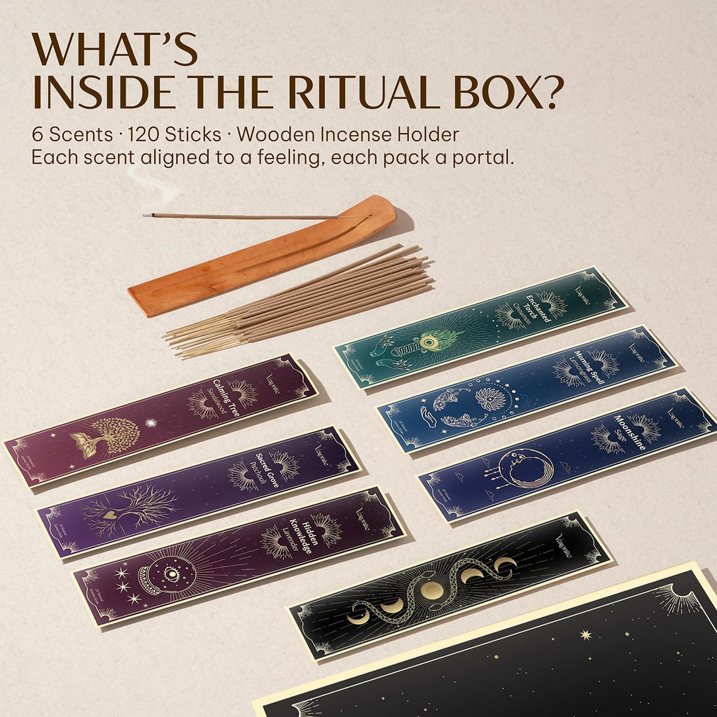 Mystical Guide Incense Sticks Variety (120 Insence-Sticks) with Holder: Patchouli, Lavender, Sandalwood - Set of 6