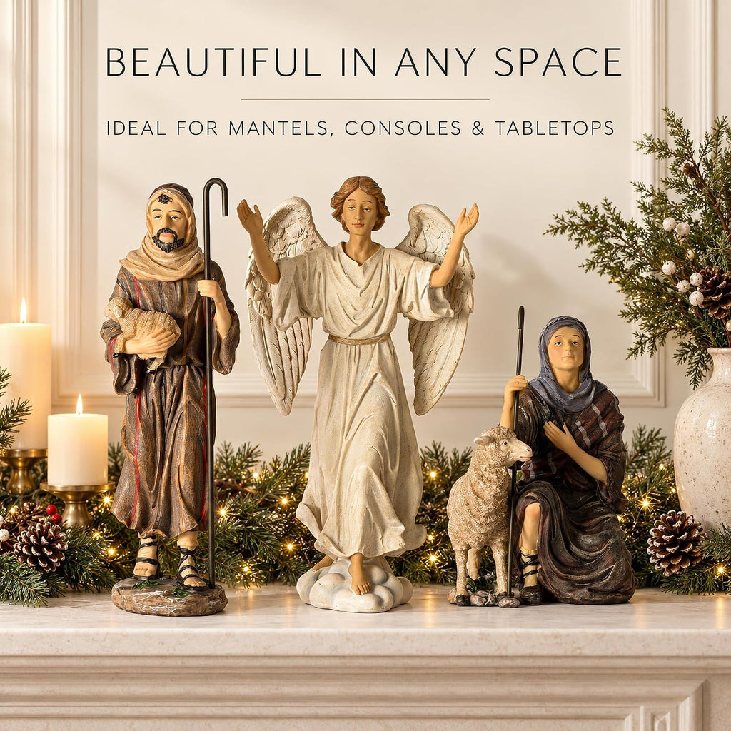 Kings Gifts Shepherds and Angel Nativity Add-On Set, 3-Piece Polystone Christmas Figures with Sheep Lamb, Flat Bottom