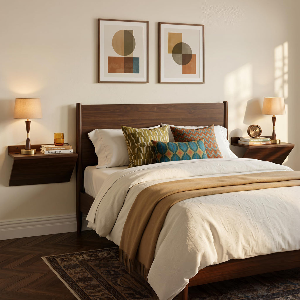 Floating Nightstand Set of 2 Walnut Bedside Table Wall Mounted Wood