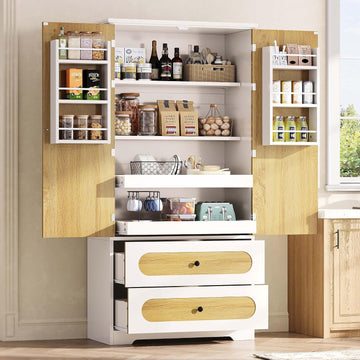 70" Kitchen Pantry Cabinet with Pull-Out Shelves, White | Pantry Storage Cabinet with 6 Door Organizers, 2 Drawers