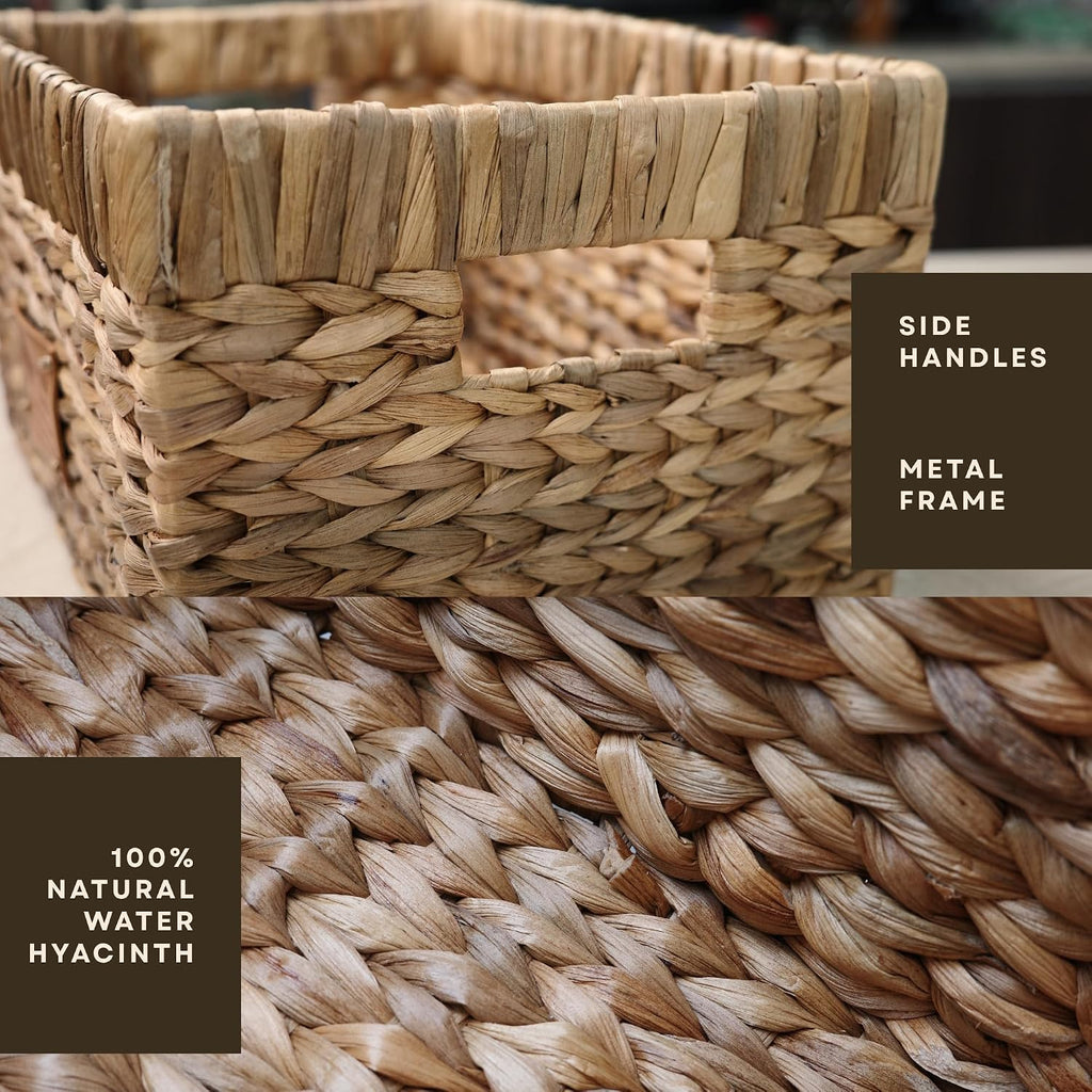 Handmade Water Hyacinth Wicker Storage Basket with Handles - Rectangle Organizer Bin for Shelves, Blanket, Bathroom
