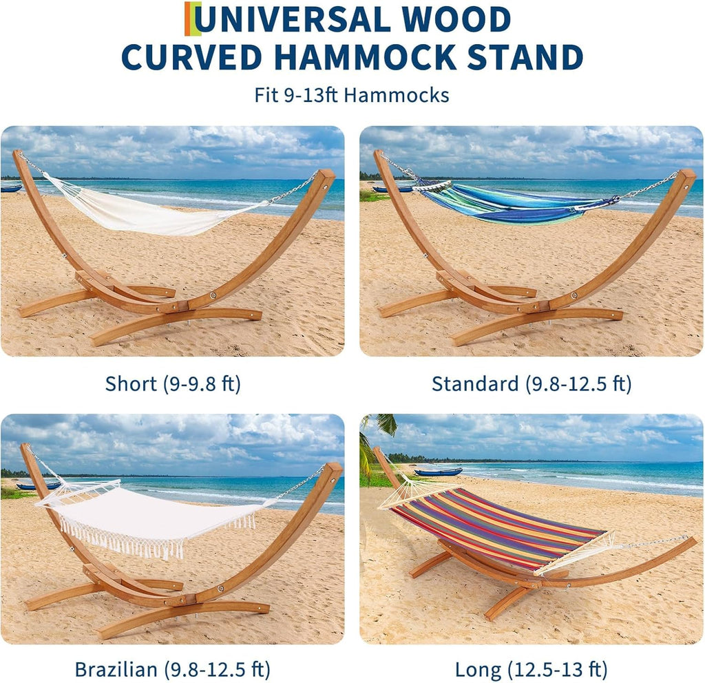 Wooden Curved Hammock Stand with Canvas Fabric Hammock | 475 LBS Heavy Duty Anti-Tipping Frame, Rainproof & Quick