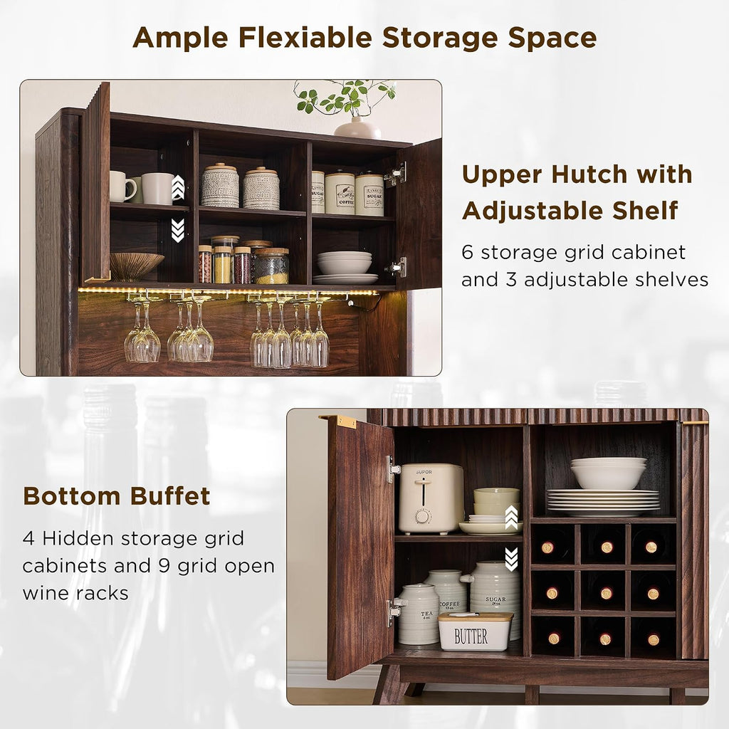 72" Tall Coffee Bar Cabinet, Fluted Wooden Wine Cabinet, Dark Walnut | Power Outlets, Led Lights, 4 Stemware Racks, 9