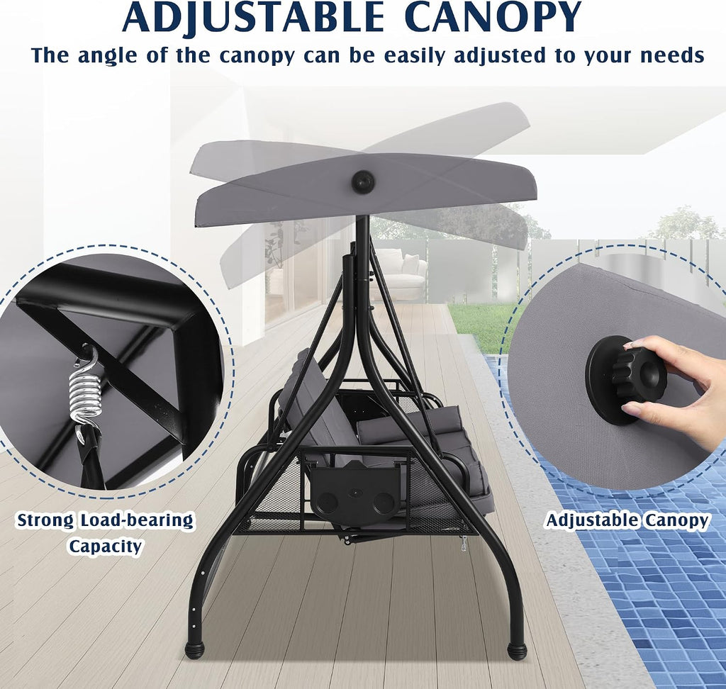 Outdoor Porch Swing with Canopy and Stand, 3 Person Patio Swing for Adults, Convertible 2 in 1 Porch Bed Swing with