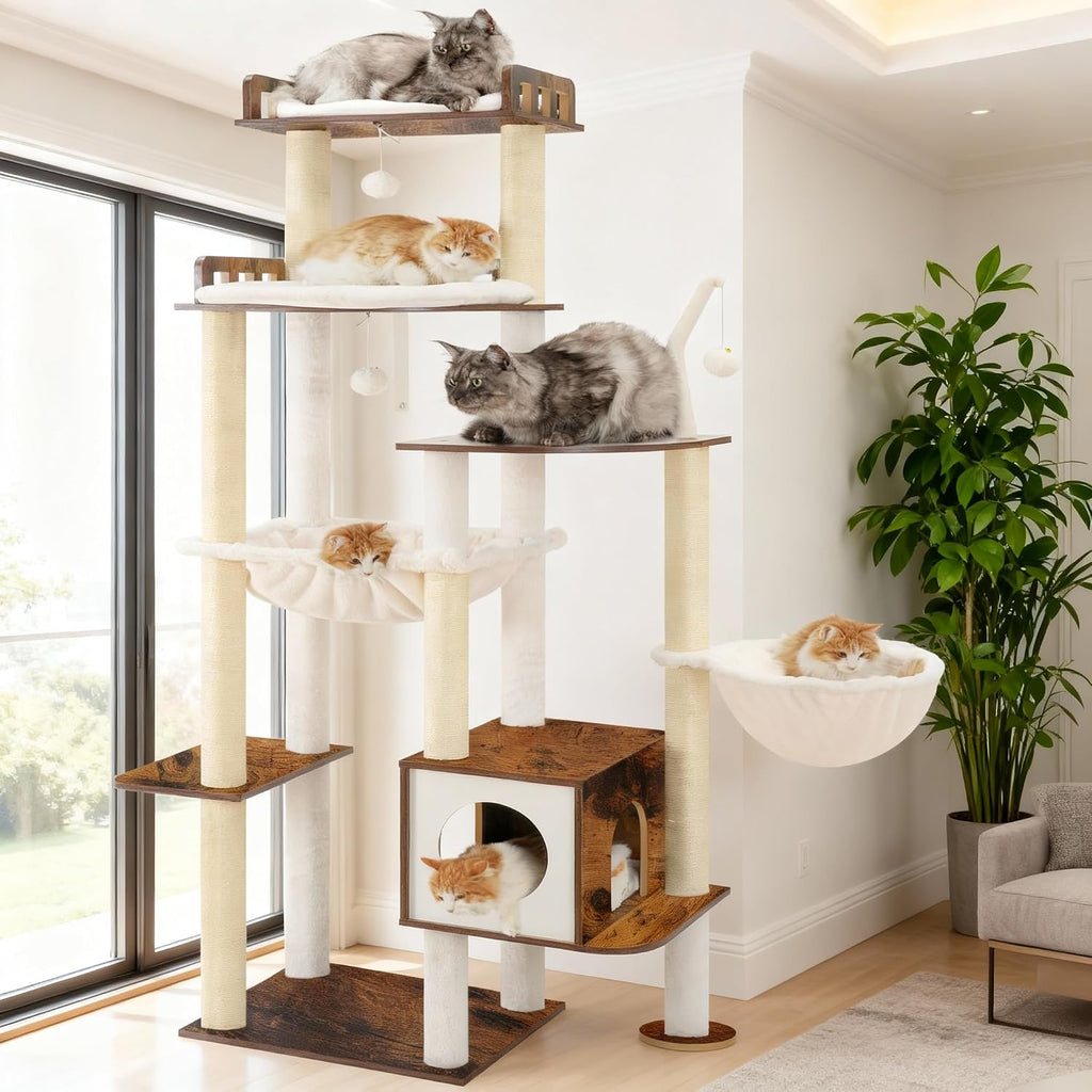 Cat Tree, 70.5" Wood Tall Cat Tower for Large Indoor Cats