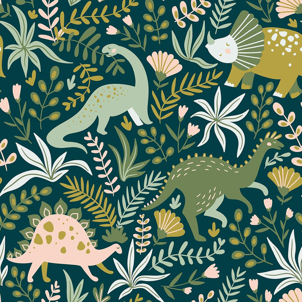 17.5"x275" Floral Dinosaur Peel and Stick Wallpaper Kids Boy Nursery Wallpaper Green Woodland Animal Wall Paper Peel
