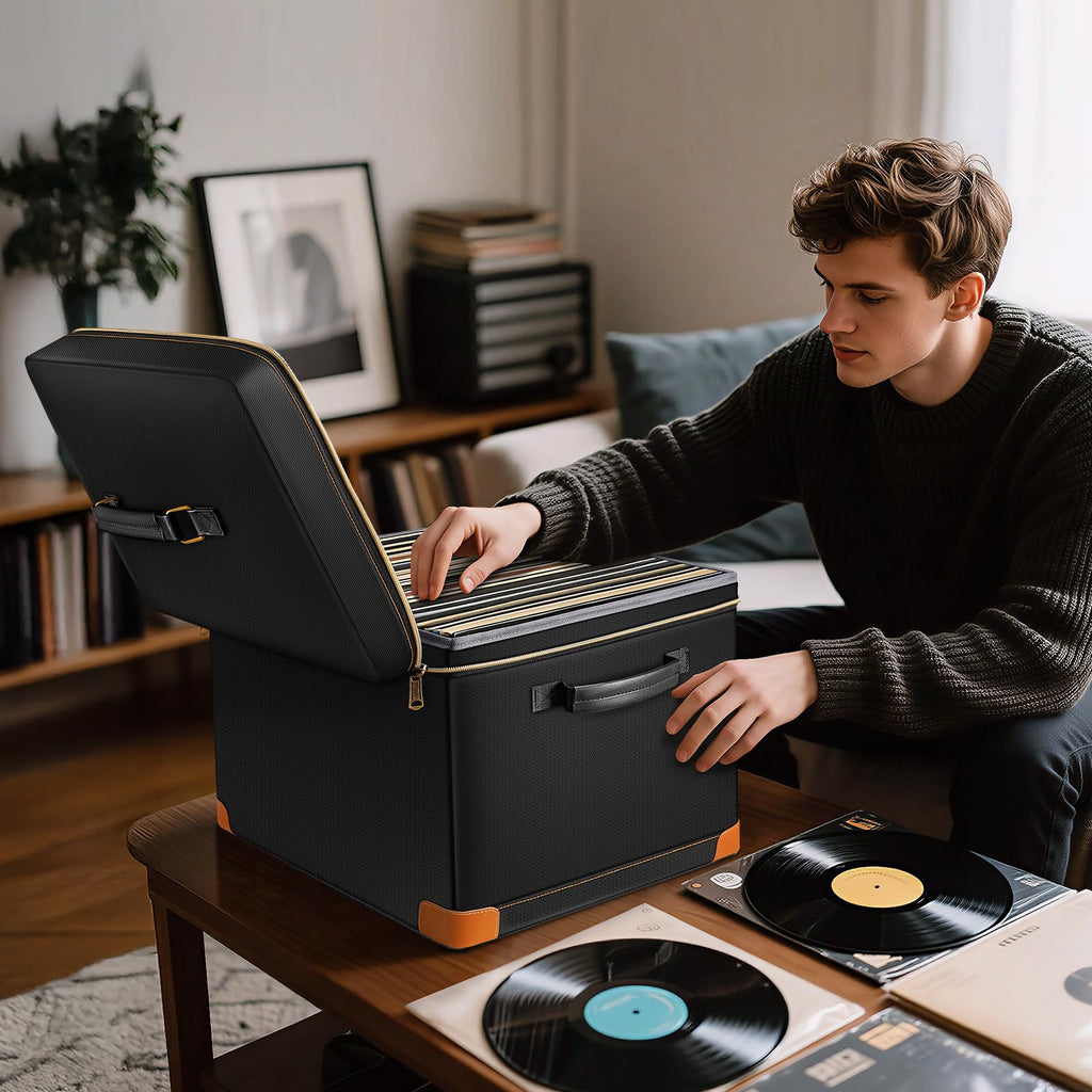 Vinyl Record Storage Box with Lock, Fireproof & Water-Resistant