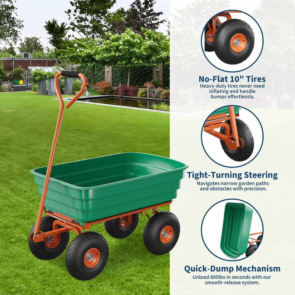 Green 600 Lbs Garden Wagon Cart Heavy‐Duty Outdoor Utility Hand Cart |