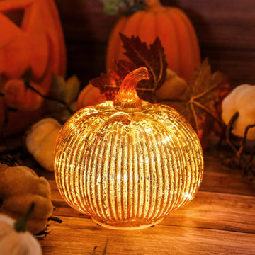 Gold Mercury Glass Pumpkin Light with 2 Lighting Modes and 6-Hour Timer, 5.5 x 6 Inch Battery Operated Fall Decor