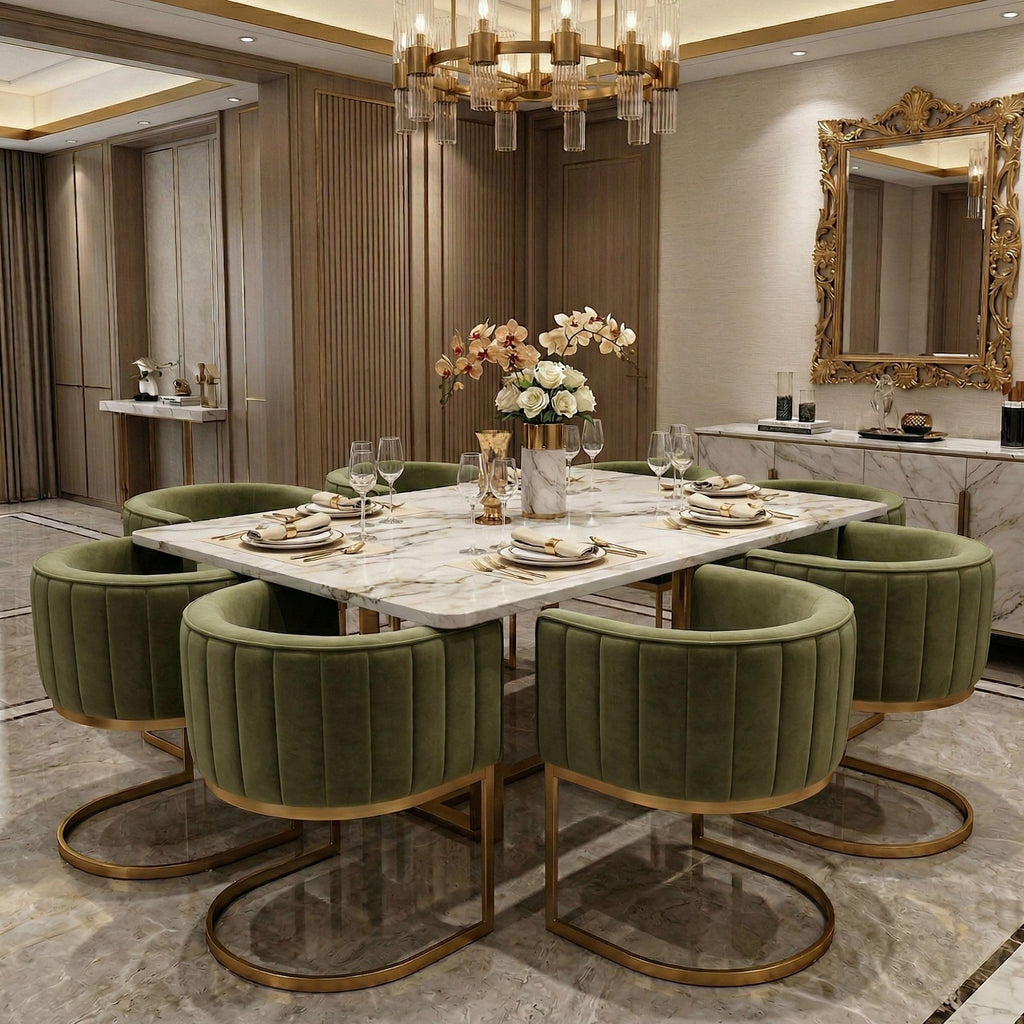 Olive Green and Gold Modern Barrel Dining Chairs Set of 2, Velvet Upholstered Accent Chairs with Curved Back Island