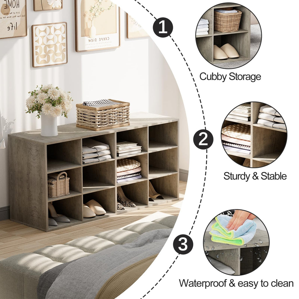 Shoe Storage Bench, Cubby Shoe Rack with 12 Cubbies, 3-Tier Wood Shoe Rack Organizer, Shoe Organizer Cabinet, Closet