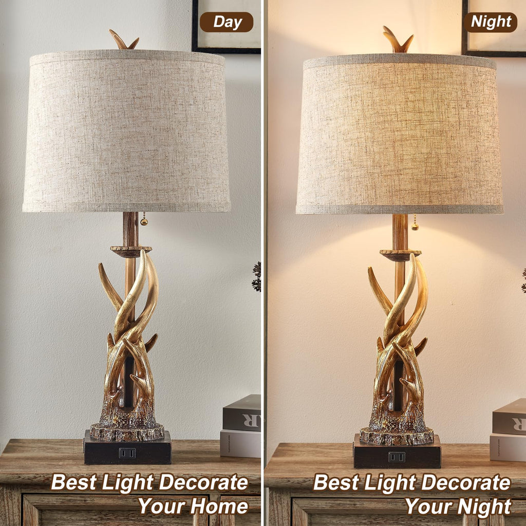 Rustic Deer Antler Table Lamps Set of 2 Farmhouse Bedside Lamps with USB A+C Ports End Table Hunting Themed Cabin