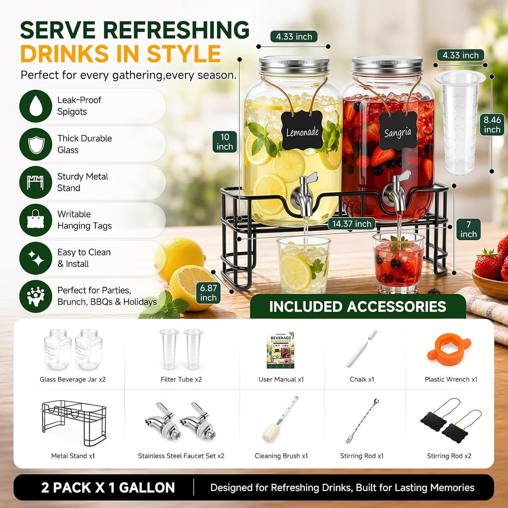 Gallon for Parties with Stand & Fruit Infuser,Beverage Dispenser for Lemonade, Water, Juice, Iced Tea & - Set of 2
