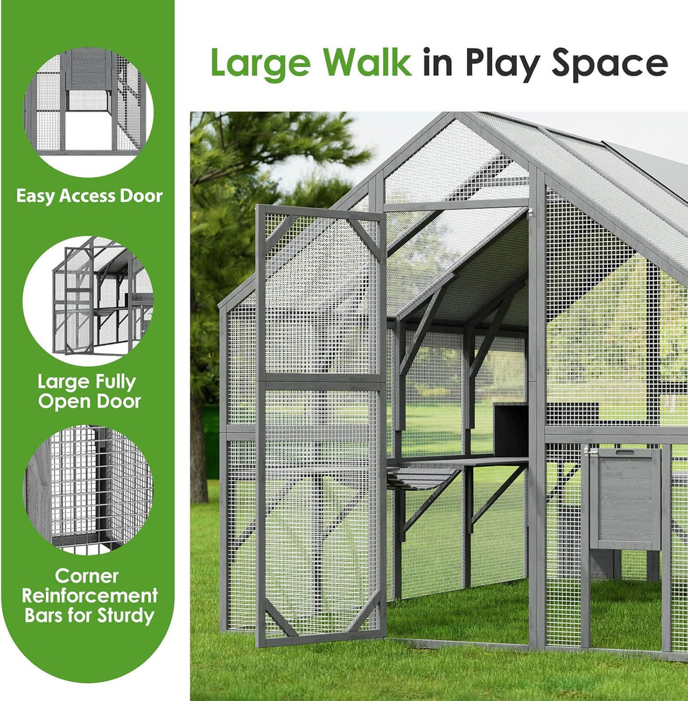 Large Wooden Outdoor Cat House, 57.2ft2 Cat Run Enclosure Walk in Catio Kitten Condo with 2 Doors, 2 Playpen & Hiding