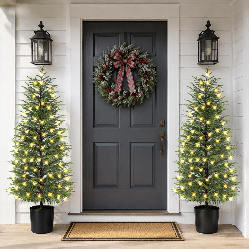 5FT Prelit Norfolk Pine Christmas Tree Real Touch Artificial Cedar Tree with 80LED Lights & 8-Function Plug-in Potted