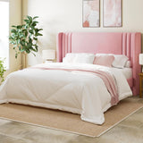 Full Velvet Platform Bed Frame with Vertical Tufted Wingback Headboard, Easy Assembly, Under Bed Storage