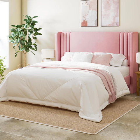 Full Velvet Platform Bed Frame with Vertical Tufted Wingback Headboard, Easy Assembly, Under Bed Storage