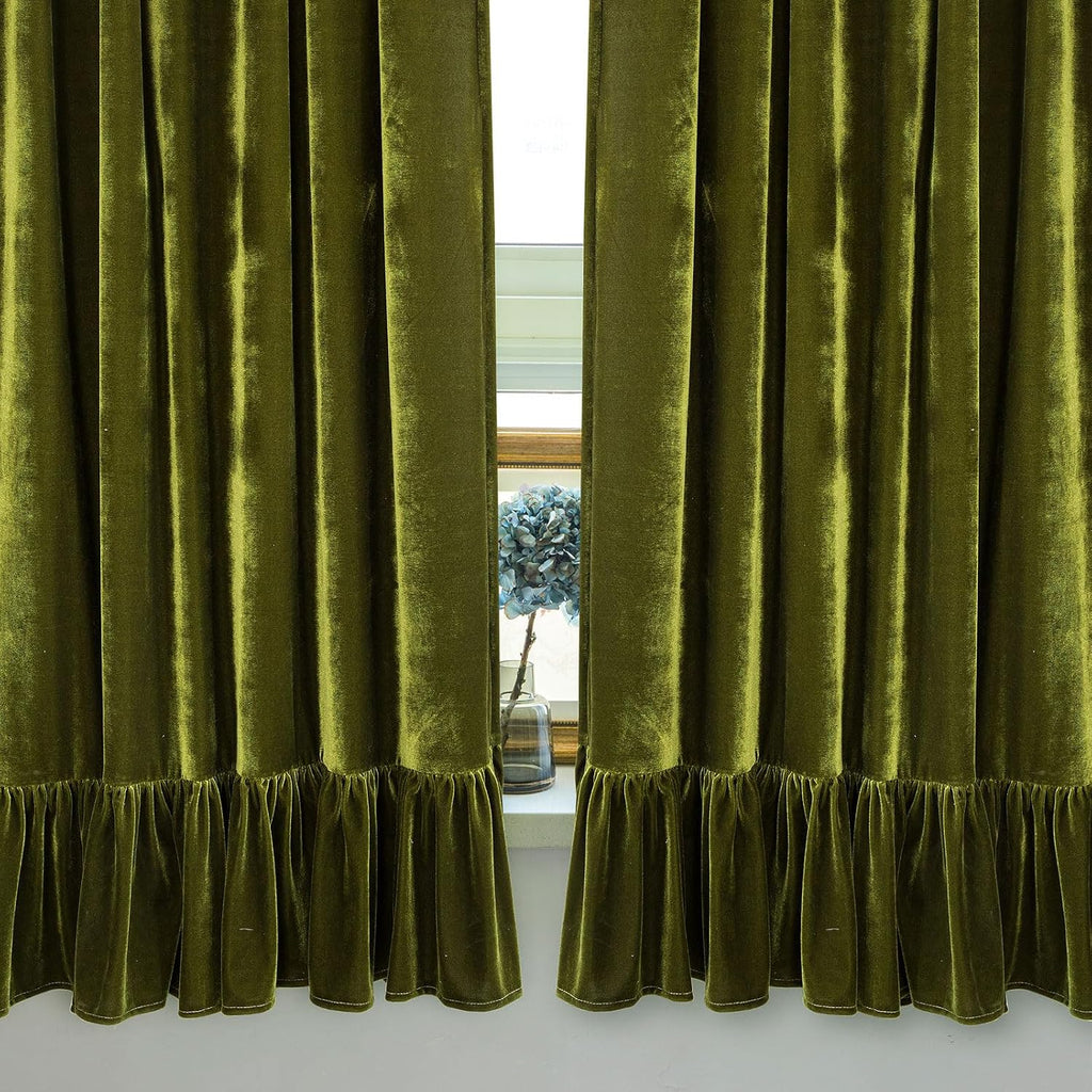 Velvet Curtains Set of 2 Retro Ruffle Flounces Trim Soft Decorative Luxurious Solid Olive Green Farmhouse Vintage