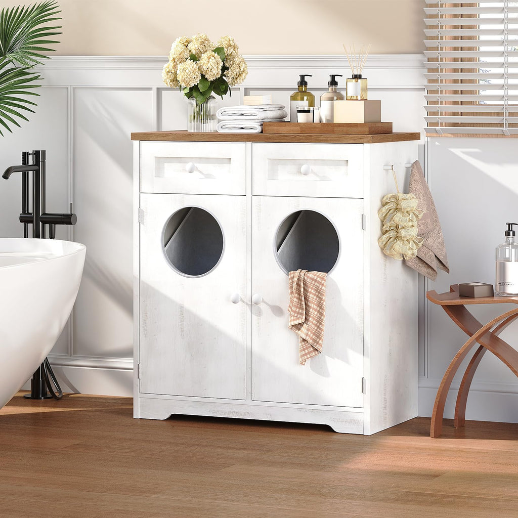 Double Laundry Hamper Cabinet, Hidden Laundry Cabinet with 2 Drawers & 2 Baskets, 20 Gallon Farmhouse Bathroom