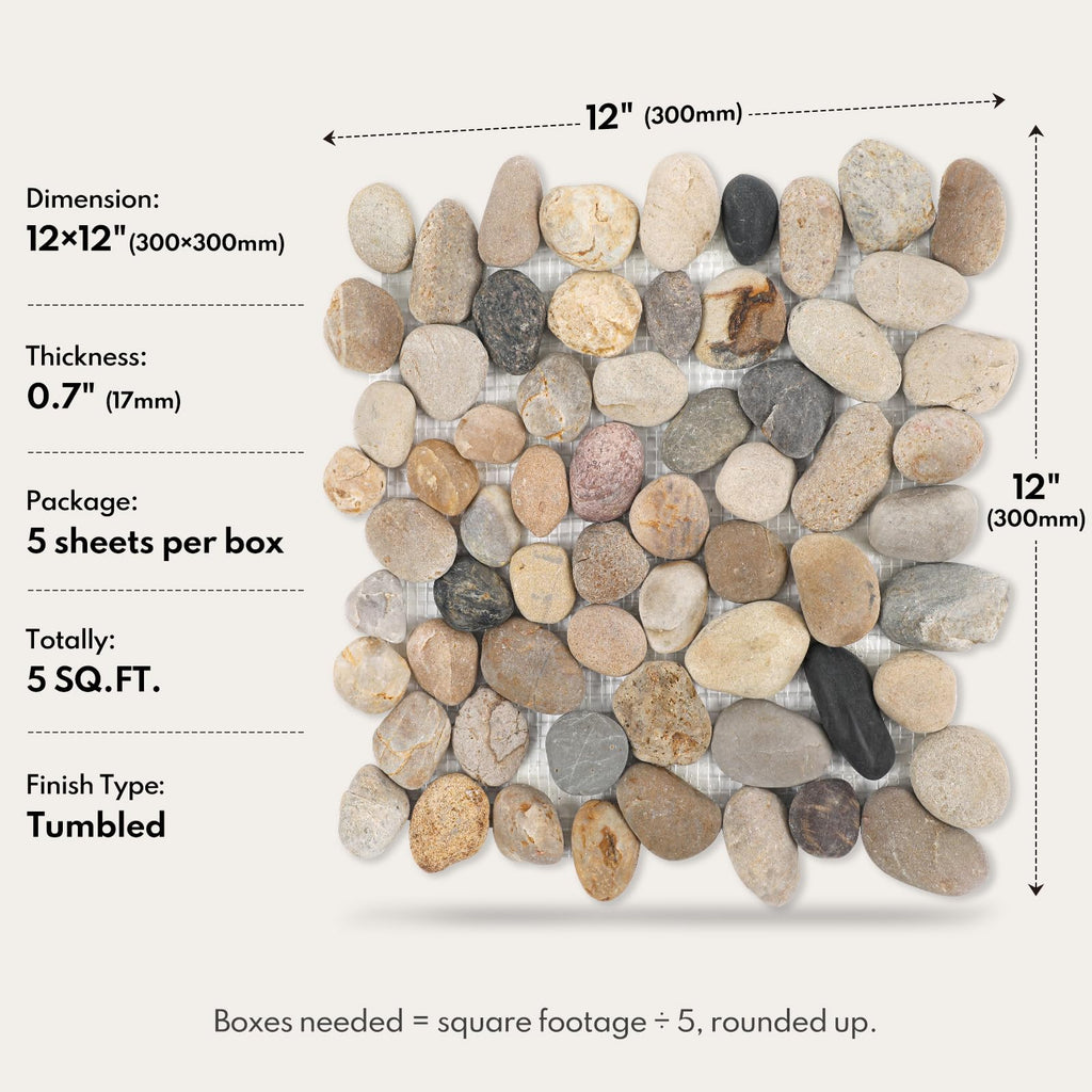 Pebble Tiles for Shower and Bathroom Floor, Tumbled Mix River Rock Pebble Stone Mosaic Tile with Matte Surface, 5