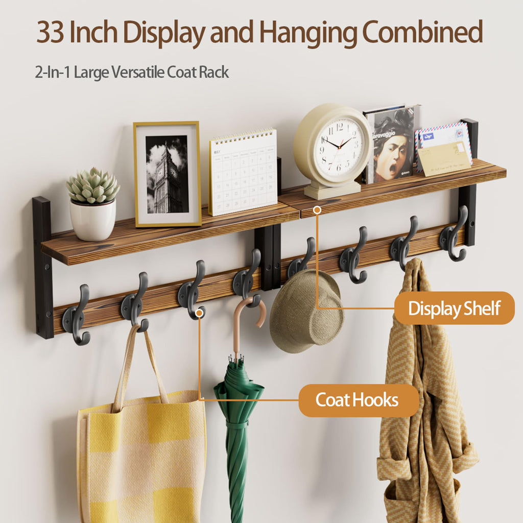 33 inch Coat Rack Wall Mount with Shelf, Entryway Wall Hooks with Shelf, Heavy Duty Coat Hanger Wall Mount, Rustic