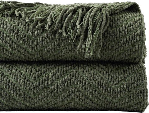 Olive Green Chenille Throw Blanket, Knit Throw Blanket,Super Soft Warm Home Decor Throw Blanket with Tassels,50" x 60"