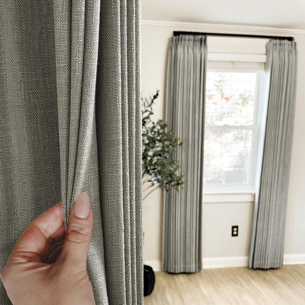 102 Inch Long Curtains Pinch Pleated Curtains Sliding Door 2 Panels Rustic Grey Thick Linen Textured Memory Trained