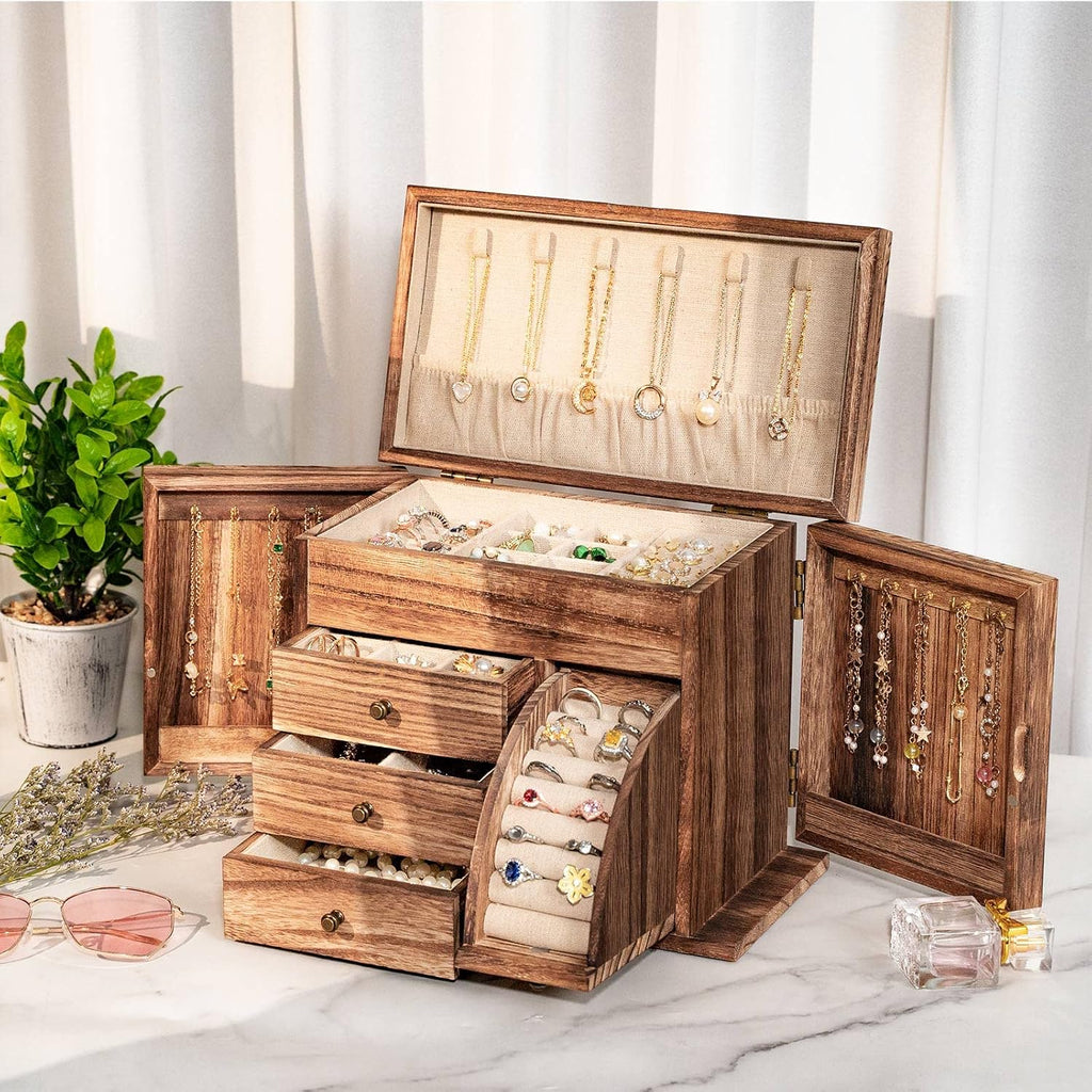 Jewelry Box Organizer, Solid Wood Jewelry Boxes for Women for Storage & Display Necklace Ring Earring Bracelet
