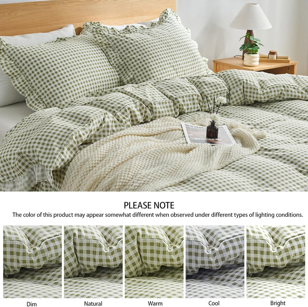 Gingham Duvet Cover Queen, 3 Pieces Soft Breathable Microfiber Plaid Duvet Cover with Zipper Closure & 2 Pillow