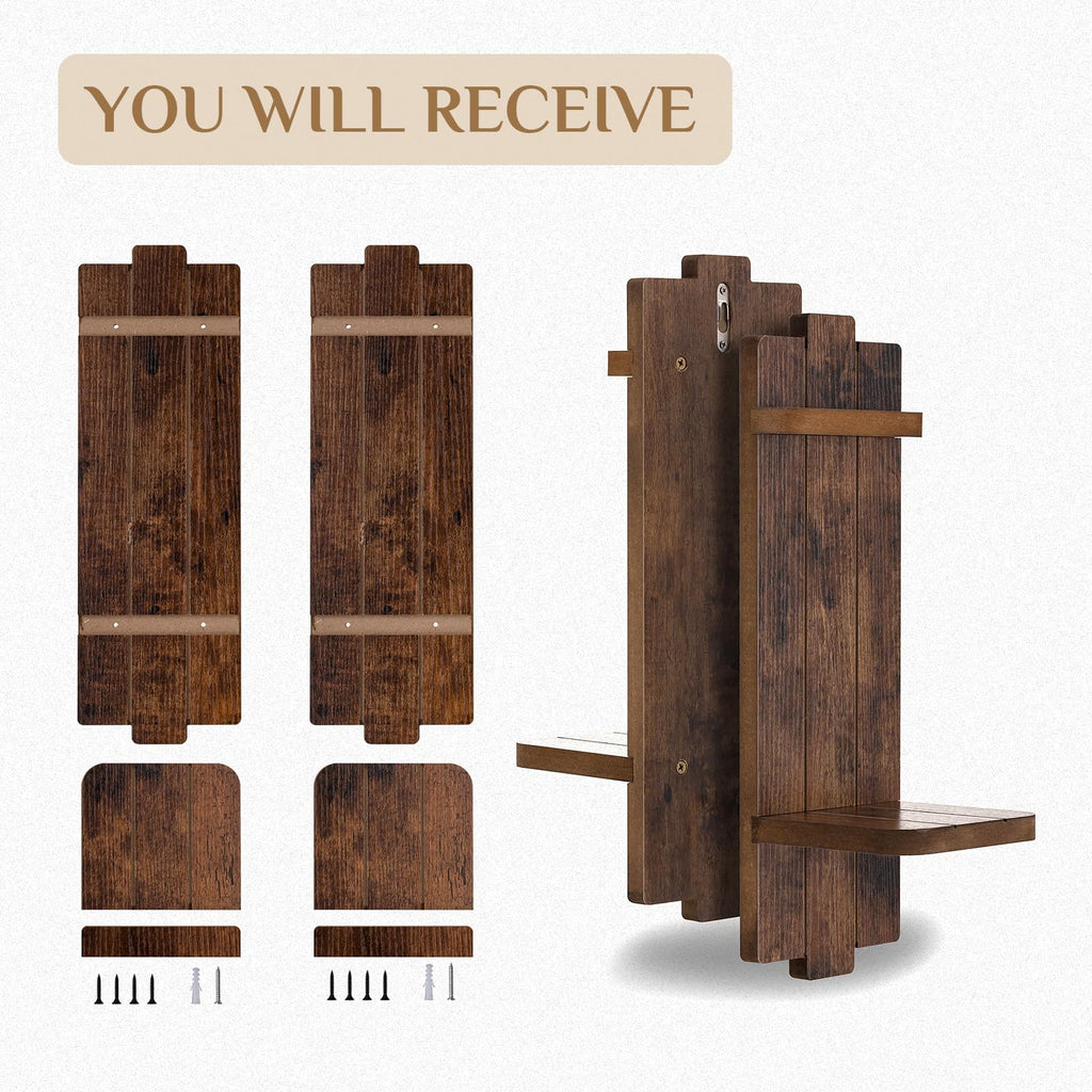 Wood Wall Candle Sconces Set of 2, Distressed Brown