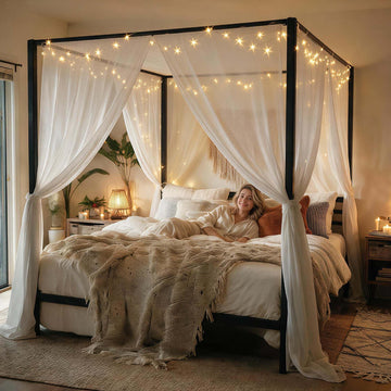 Canopy Bed Frame, Four Poster Platform Bed w/USB Charging Station