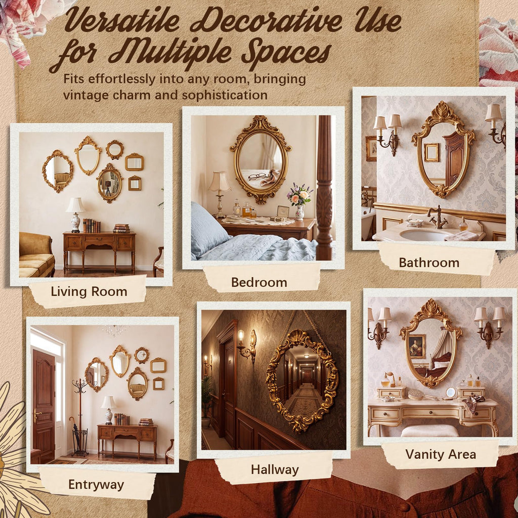 6 Pcs Vintage Gold Wall Mirror Set, Baroque, Bronze Gold