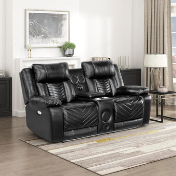 Lexicon Wall Hugger Power Double Reclining Loveseat with Console, Faux Leather Home Theater Seating with LED Lighting