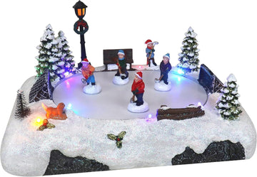 Christmas Village Tabletop Hockey Skating Rink - Animated Musical Pre-lit Winter Snow Village - Perfect Addition to
