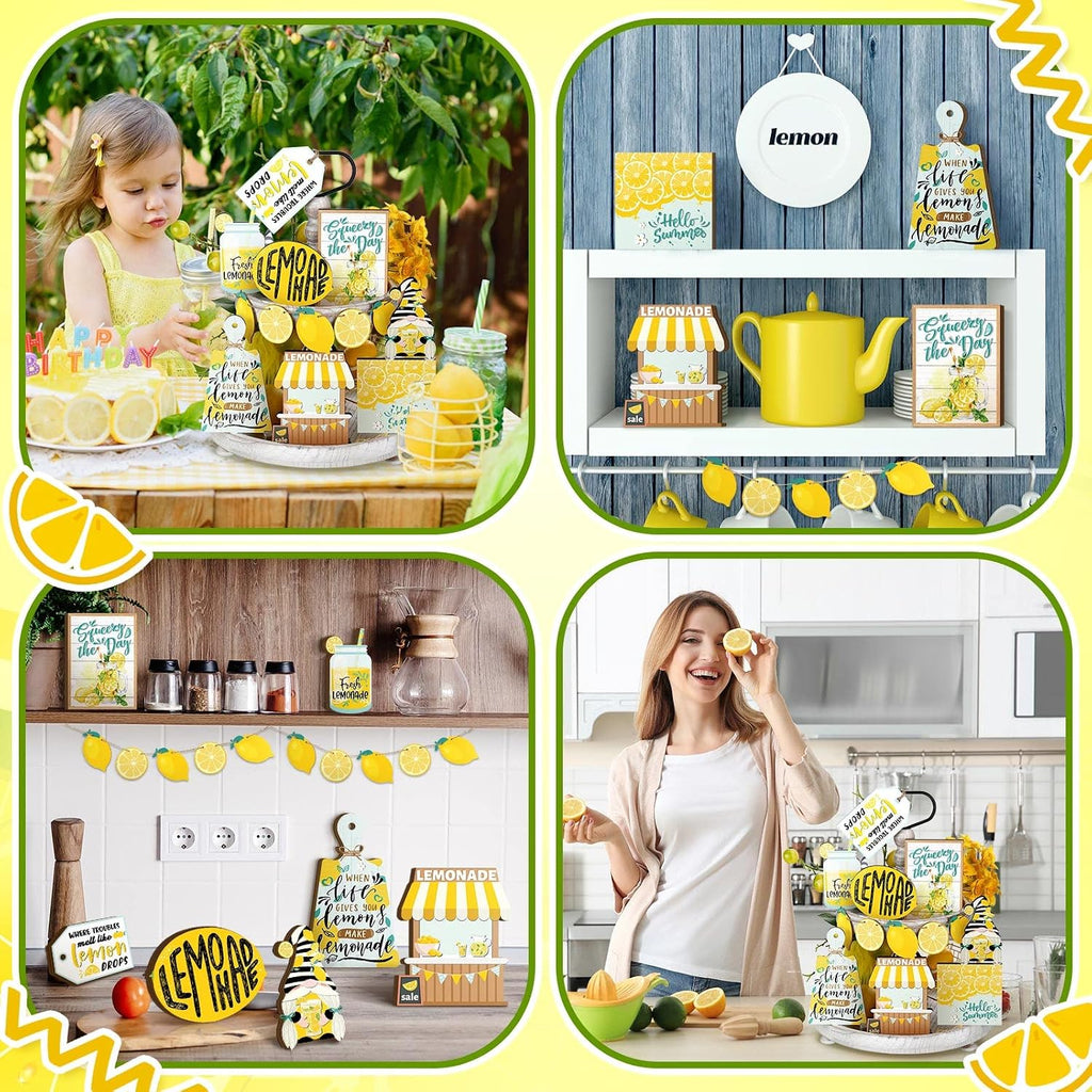 Lemon Tiered Tray Decor Lemon Decorations Summer Lemonade Wooden Signs Rustic Farmhouse Decorative Trays - Set of 13
