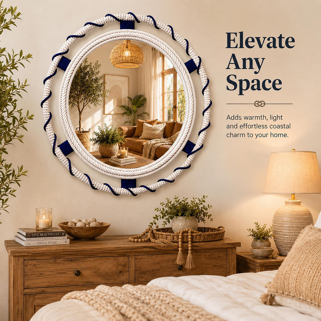 30" Round Nautical Rope Wall Mirror, Coastal White Navy Bands
