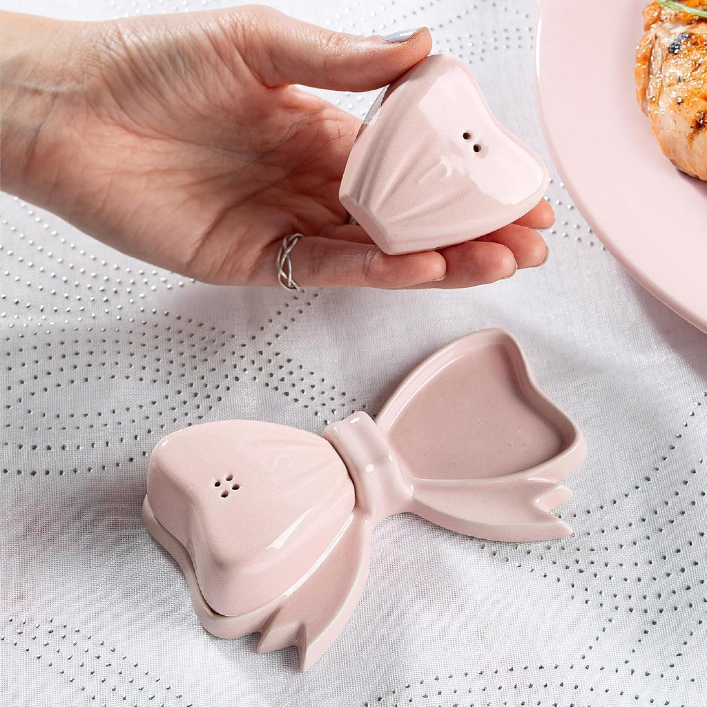 3-Piece Bow Shaped Salt and Pepper Shaker Set, Iconic Ceramic Stoneware With Matching Tray, Pink
