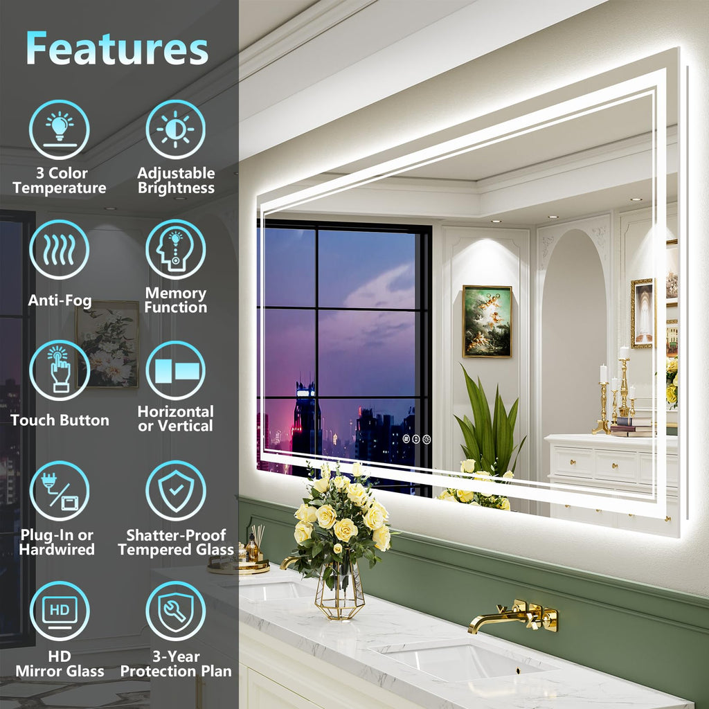 88x38 LED Bathroom Mirror, Backlit & Front Lit Lighted Mirror