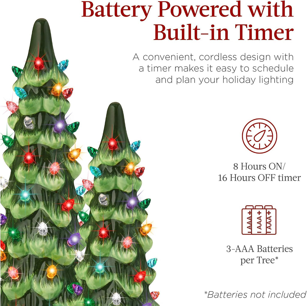 Set of 3 Ceramic Christmas Trees, Pre-Lit Hand-Painted Tabletop Holiday Decoration w/Multicolor Bulbs, LED Lights