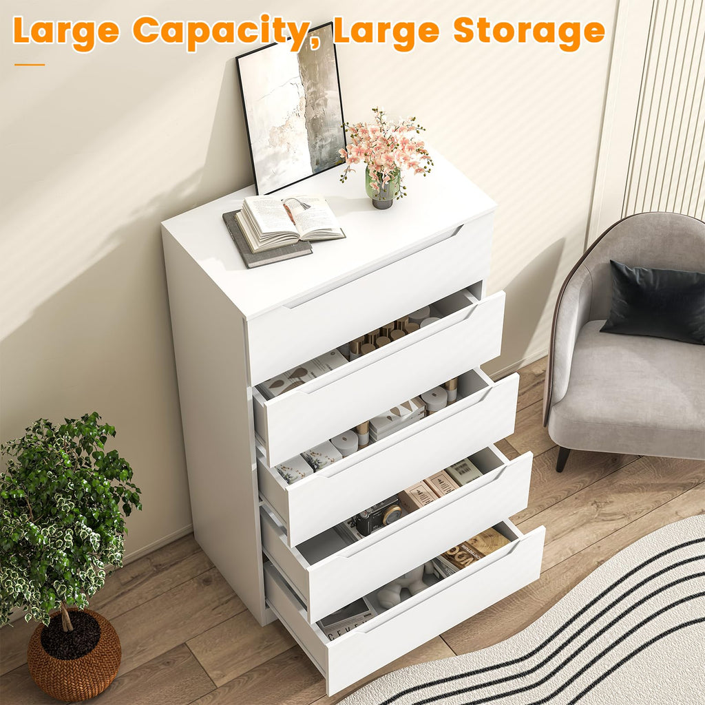 White 5 Drawer, 48" H Tall Modern Chest of Drawers, Wood Storage with Deep Drawers Hallway Entryway, White